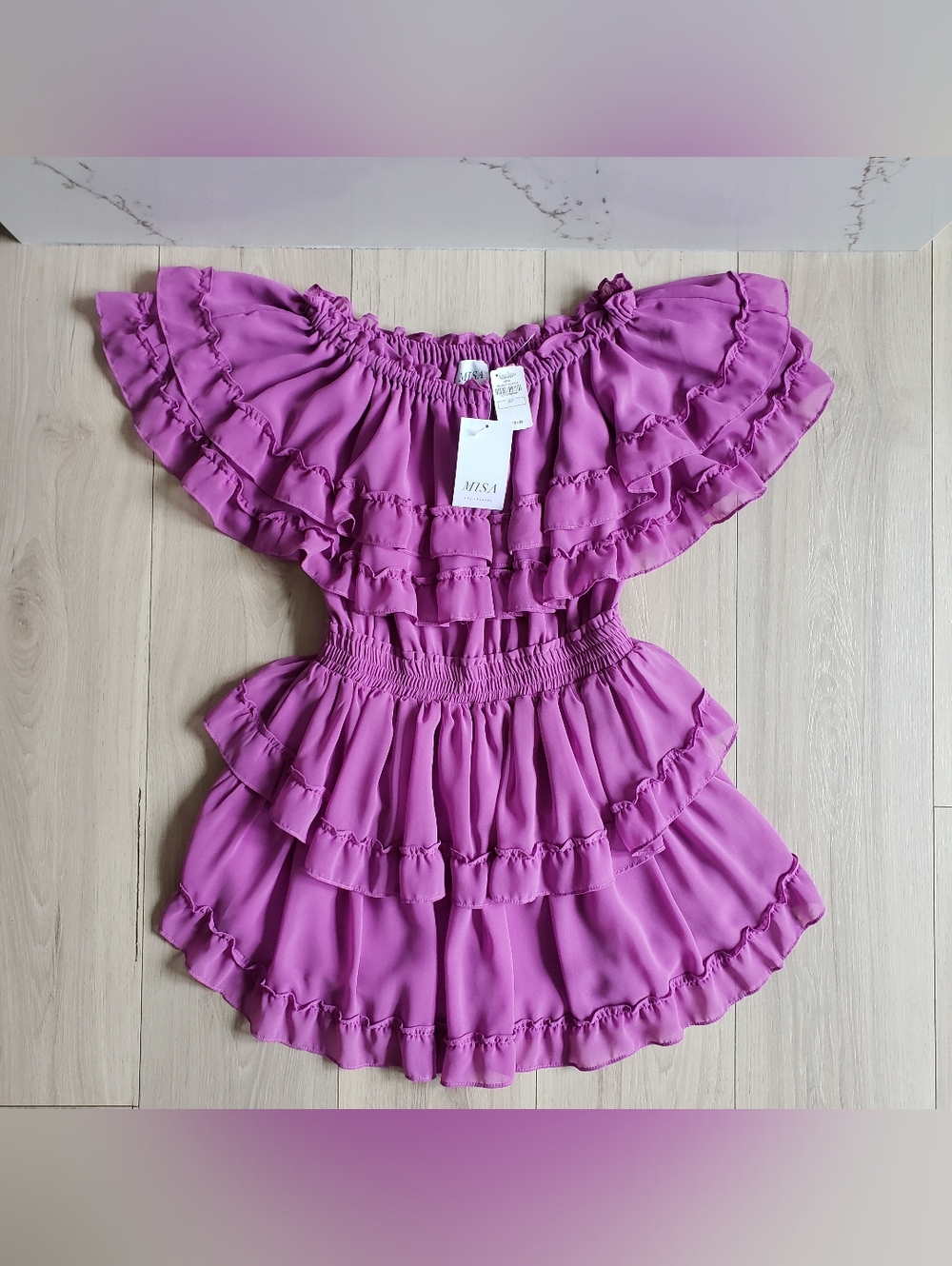 Misa Los Angeles Orchid Isella Dress Womens XS Purple Ruffled Off-Shoulder Mini